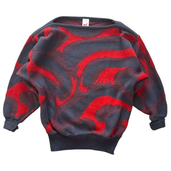 Vintage Mondi Abstract Red & Gray Patterned Sweater Knit Material Unisex Fit Lon - Picture 1 of 10